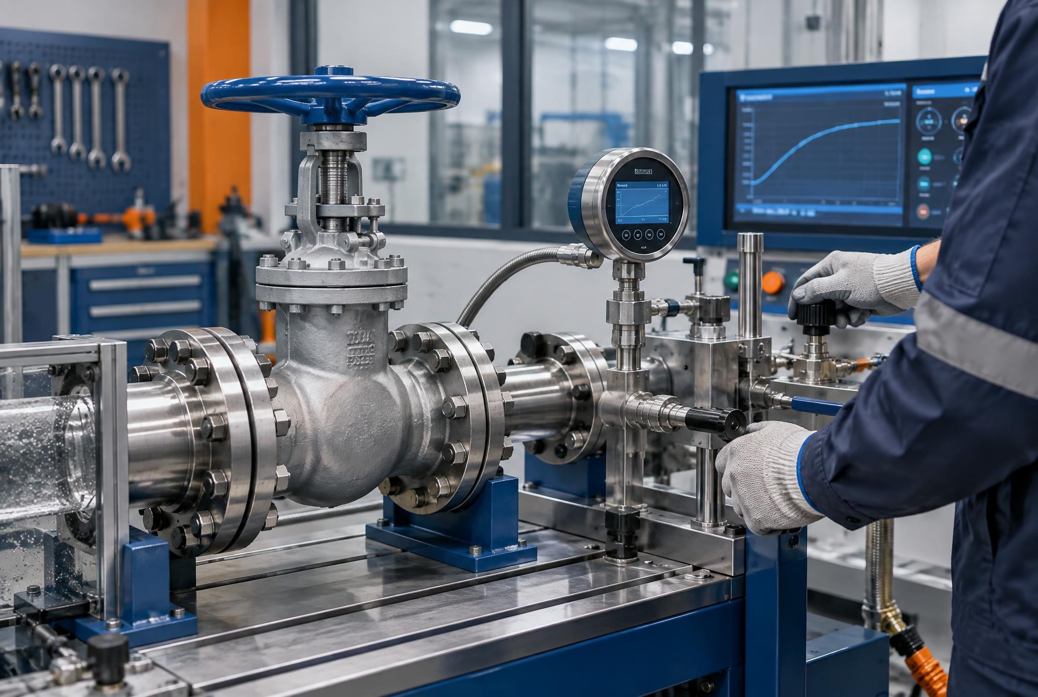 Quality control laboratory pressure-testing an industrial valve
