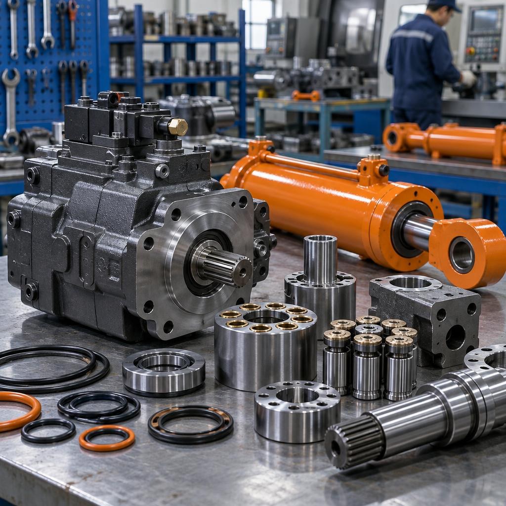 Hydraulic pump and cylinder components on a workbench