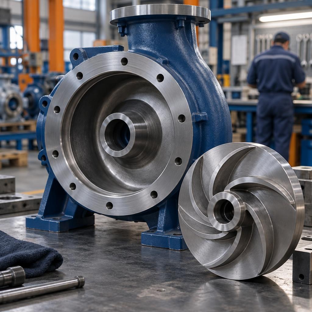 Industrial centrifugal pump casing and impeller on a workbench