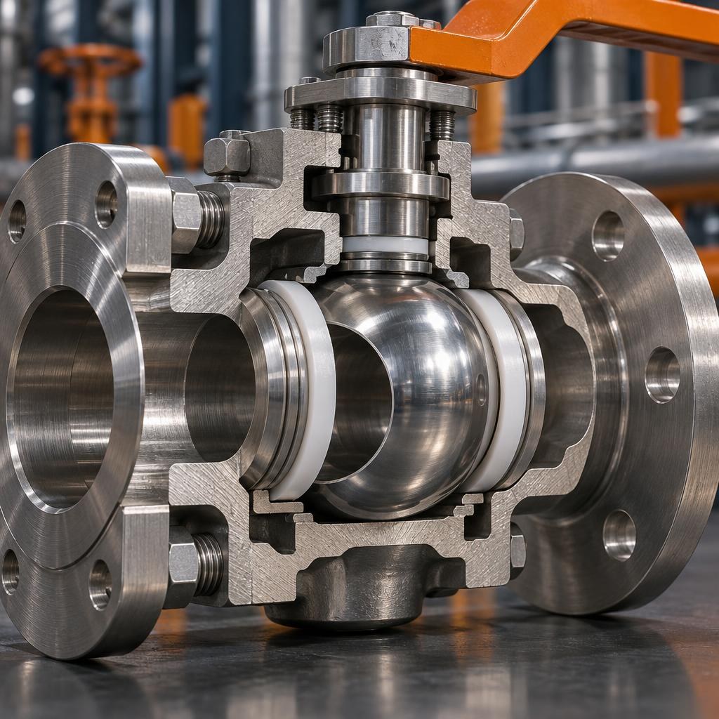 Macro view of a stainless steel ball valve cutaway