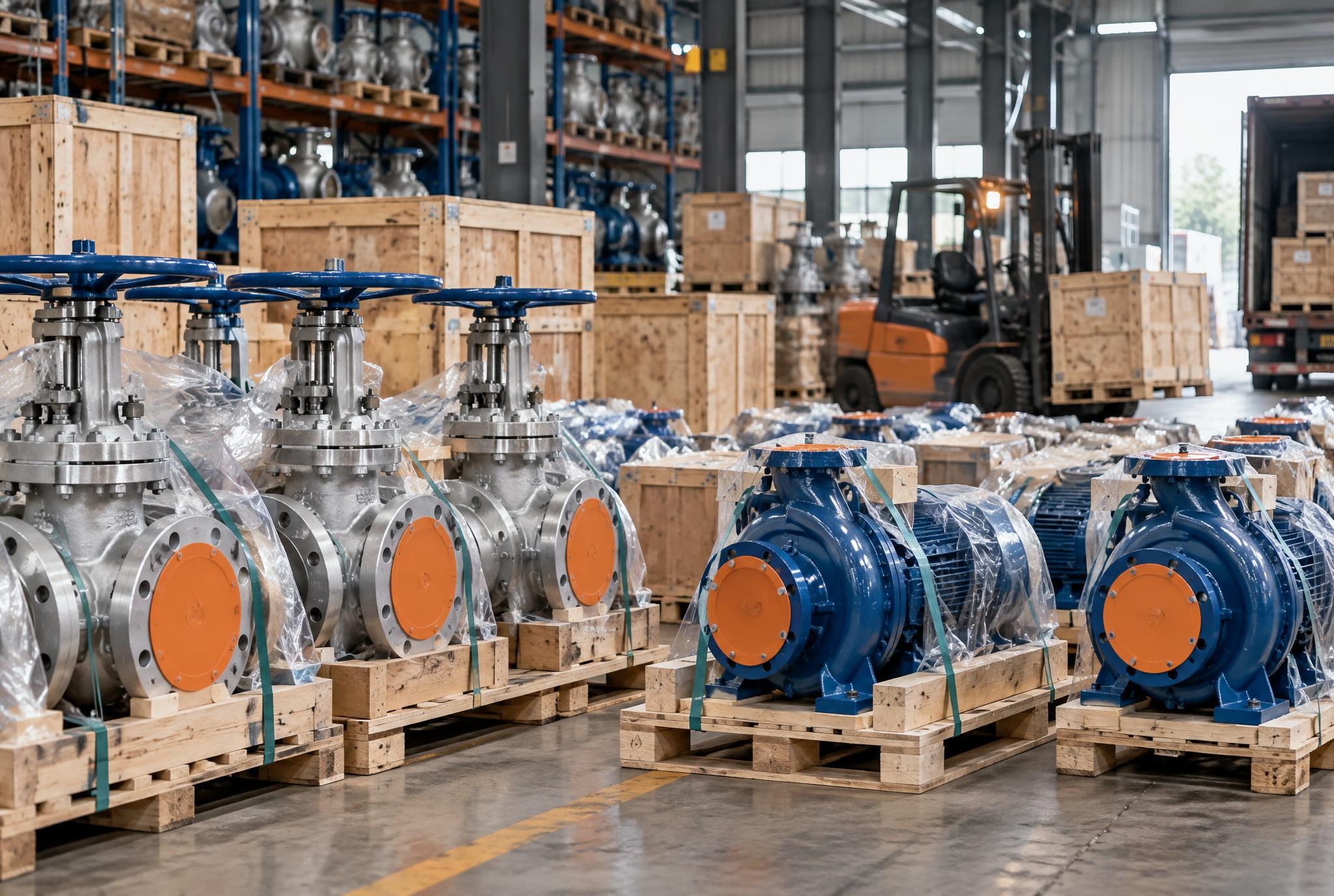 Palletized industrial valves wrapped for export shipment in a warehouse